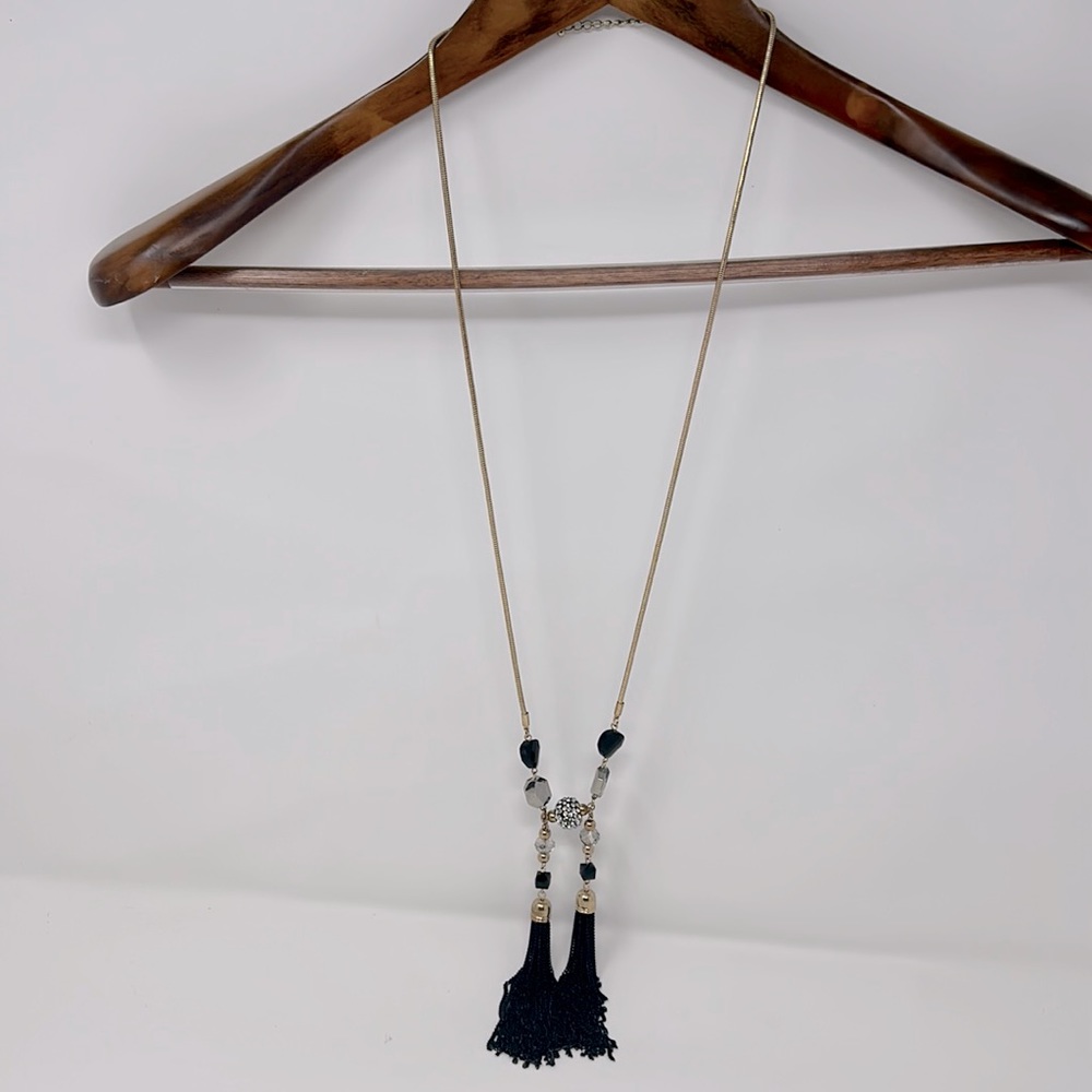 Gold Black Stone Tassel Long Necklace